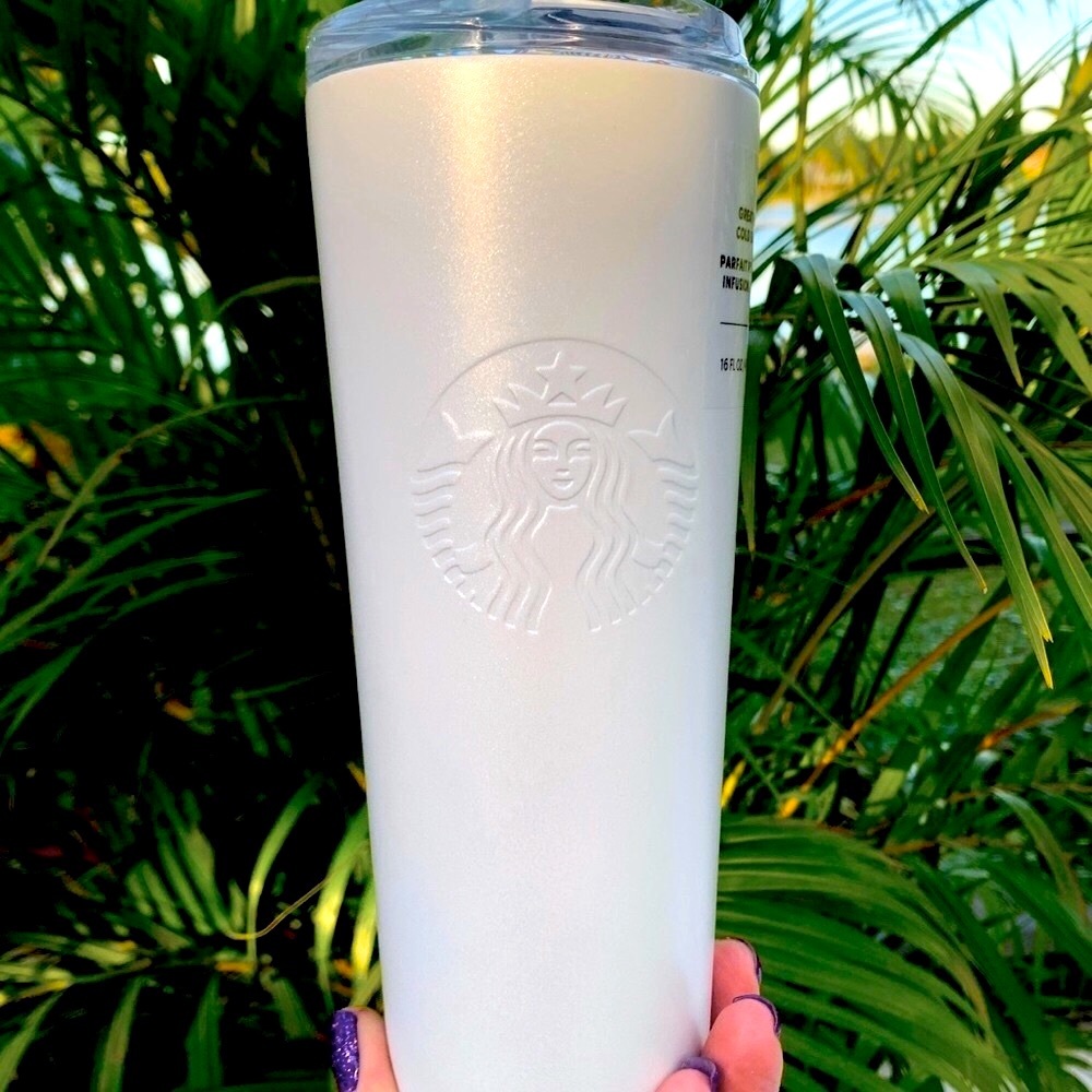 Starbucks White Glitter Stainless Tumbler Cold Brew Pearl Ice  Cold Cup 16oz NWT